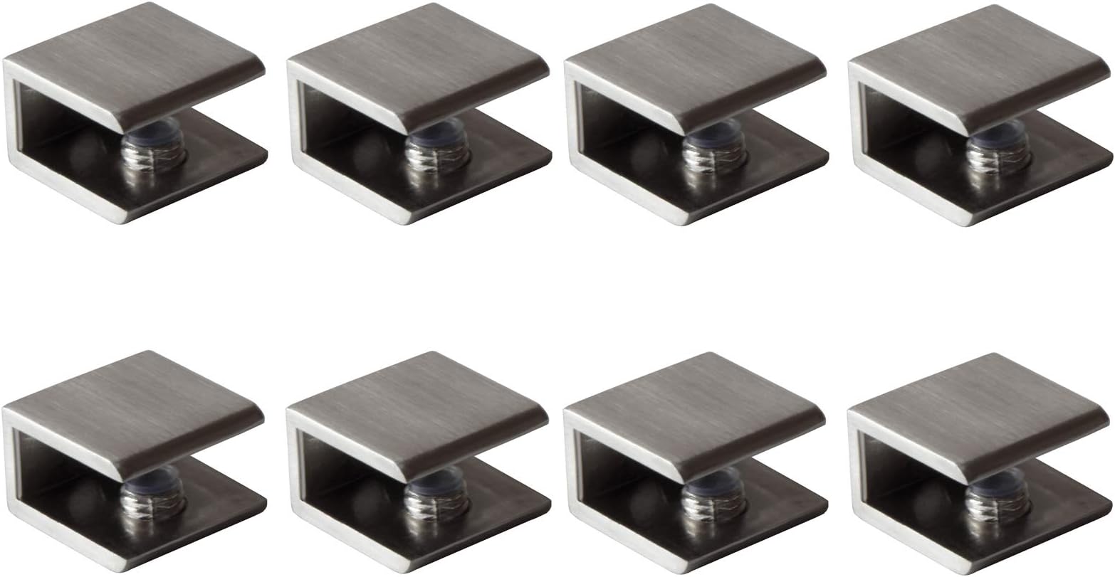 Glass Shelf Brackets Shelf Clips Metal Clamps Brushed Nickel Square Shape Wall Mounted Adjustable 6-10mm for Acrylic Wood (Set of 8)