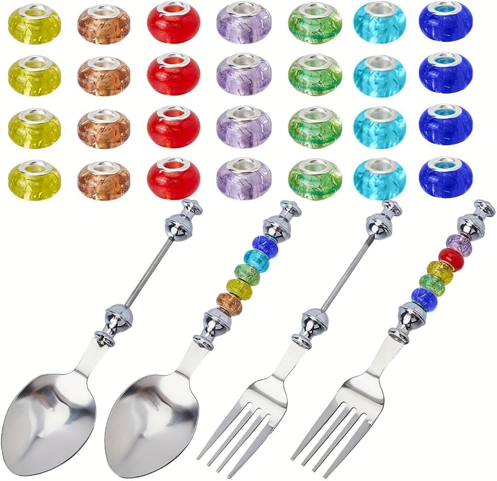 4Pcs Customizable Stainless Steel Spoons and Forks Set with 28 Plastic Beads Beadable Tableware Beaded Cutlery Kits