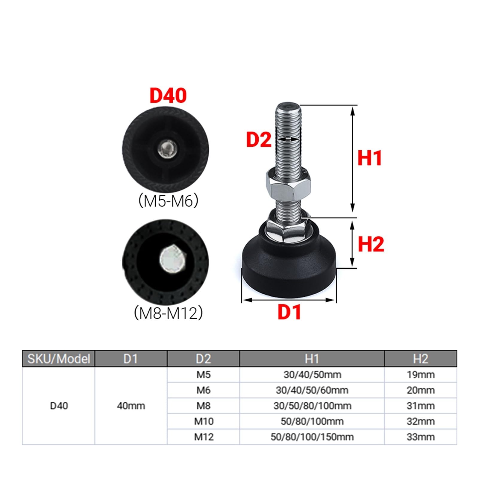 Pies niveladores for muebles, 8 Uds., 40mm, for tornillo ajustable | M5 M6 M8 M10 Roscas Base giratoria Tope deslizante articulado for superficies irregulares(D40xm12x150mm)