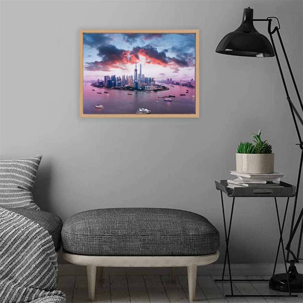 VERRE ART Wooden Floater Framed Canvas - Wall Decor for Living Room, Bedroom, Office, Hotels, Drawing Room (22in X14in) - Shanghai Skyline & Huangpu River