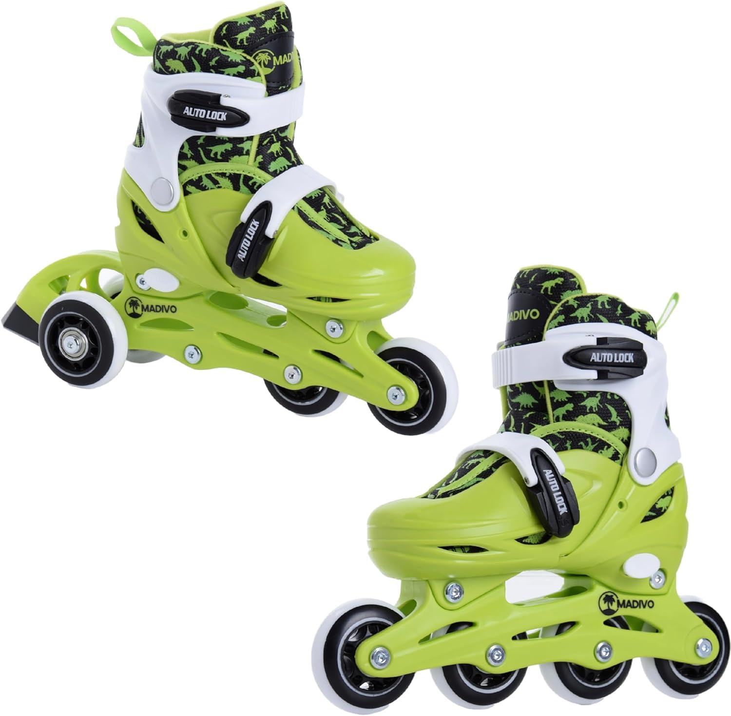 Madivo Dino Set 2 en 1 Rollers / Triskates réglables | Patins à roulettes ABEC-5 | Rollers en ligne convertibles en patins à roulettes | Vert/noir | Tailles : 26-29, 30-33
