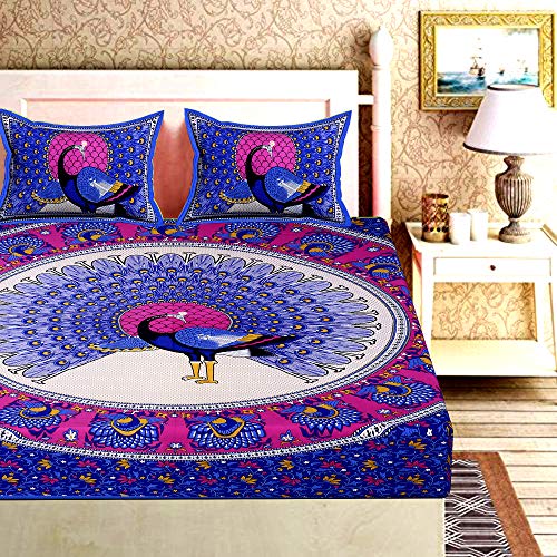 Image of RajasthaniKart Pure 100% Cotton Double Bed Sheet with 2 Pillow Covers (Bedsheet for Double Bed Cotton, Blue More Jaipuri, King Size,732)