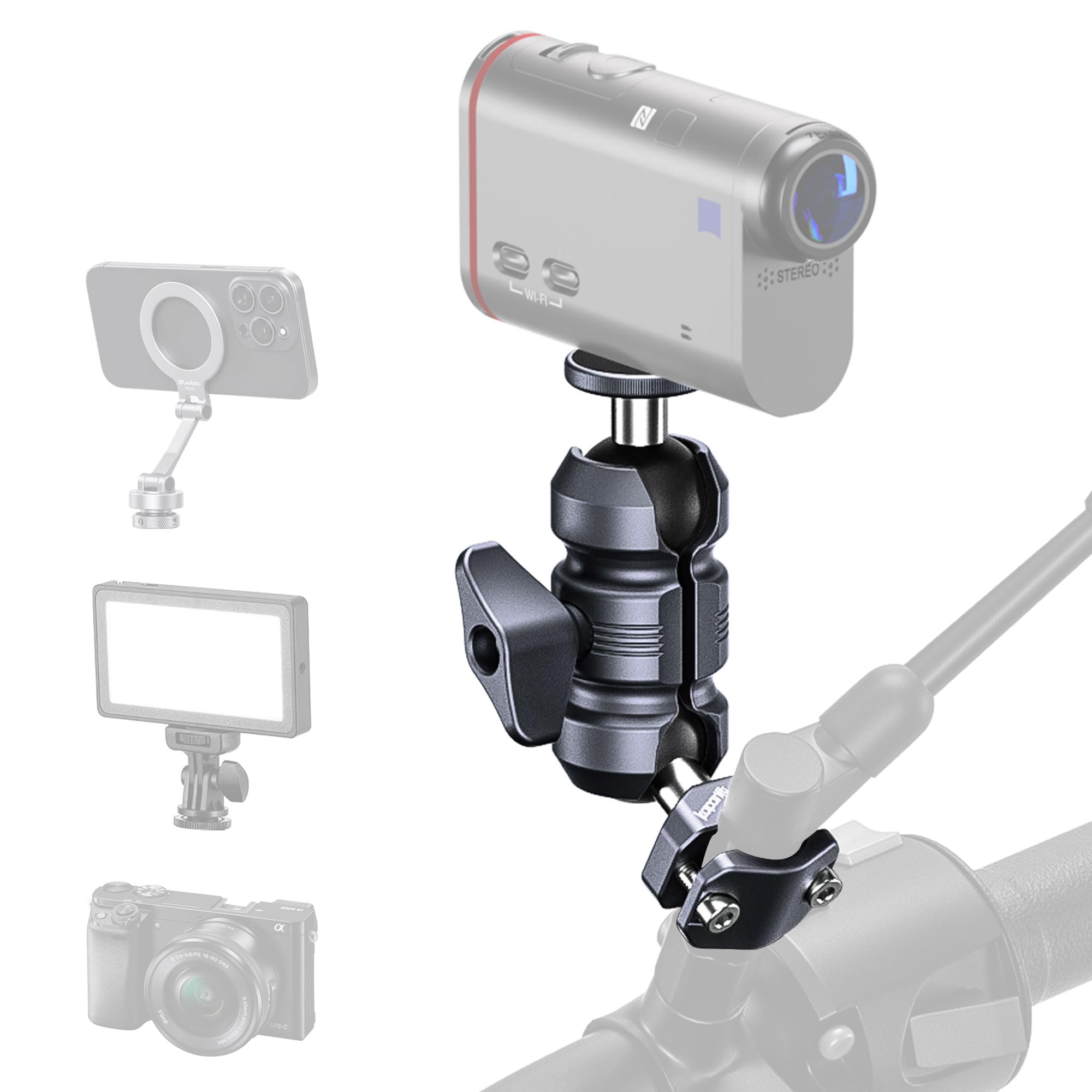 KAPARNER Motorcycle Camera Holder Mount, U-Bolt Base Fits 10-16mm Handlebar & Mirror Bar, 25mm Ball Head with 1/4" Screw, Camera Mount for DSLR/Action Cameras, for Bicycles/ATVs/Vlogging (KCB-3)
