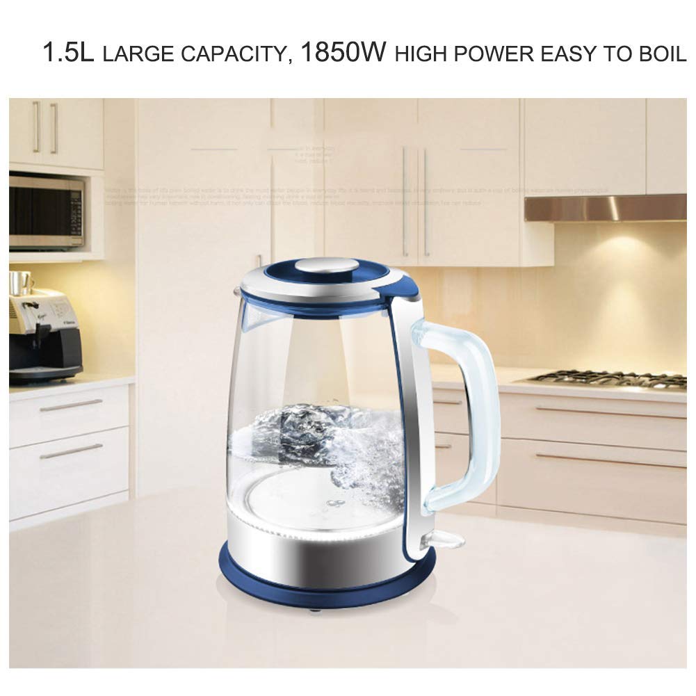 Bollitore Elettrico in Vetro da 1,5 Litri, bollitore Ecologico con Illuminazione a LED, bollitore Elettrico Fili BPA con Coperchio Interno e Fondo in Acciaio Inossidabile