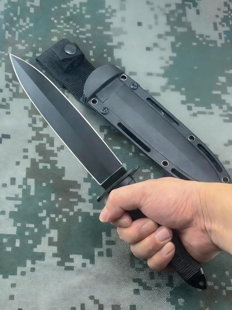 Generisch Teerma Jagdmesser HY7 feststehende klinge, Klingenlänge 19.1 cm schwarzes Jagdmesser, Großes Bowiemesser mit Holzgriff, Messer Outdoor, Hunting Knife, Bushcraft Messer, Survival Messer