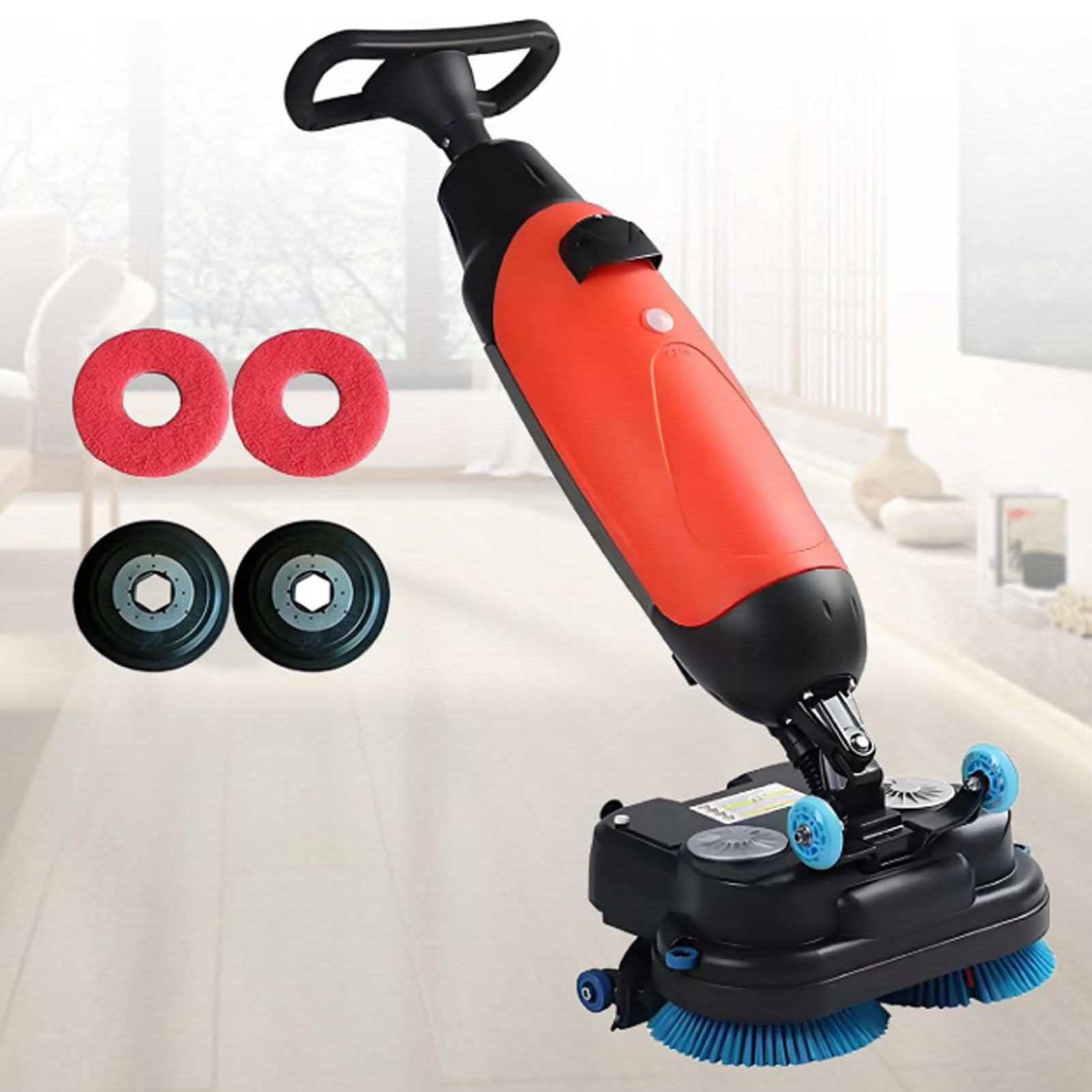Hydravex Red Commercial Electric Floor Scrubber Tile Polisher, Carpet Extractor 2 Power Scrub Brush, 360°Rotating, Self-Propelled, Convenient Cordless, Fits Vinyl, Rubbermaid, Concrete