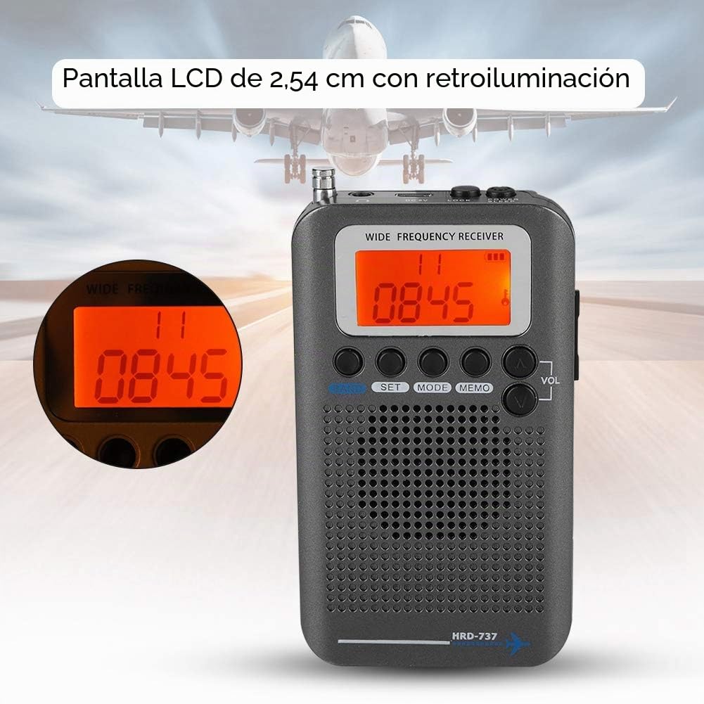 Escáner de Receptor de Radio multibandas Escáneres/de Mano/Bandas de frecuencia: Air FM Am CB SW VHF Incorporado en batería portátil Recargable Radio de Viaje(Negro)