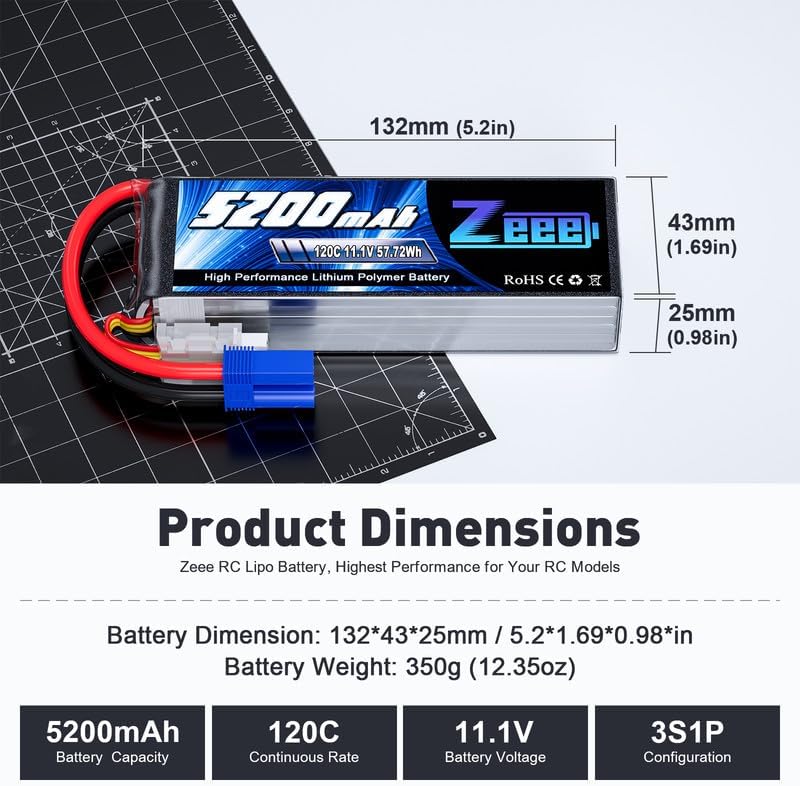 Zeee 3S LiPo Battery 5200mAh 11.1V 120C with EC5 Connector Soft Pack RC Battery for RC Plane Quadcopter Airplane Helicopter RC Car Truck RC Boat(2 Pack)
