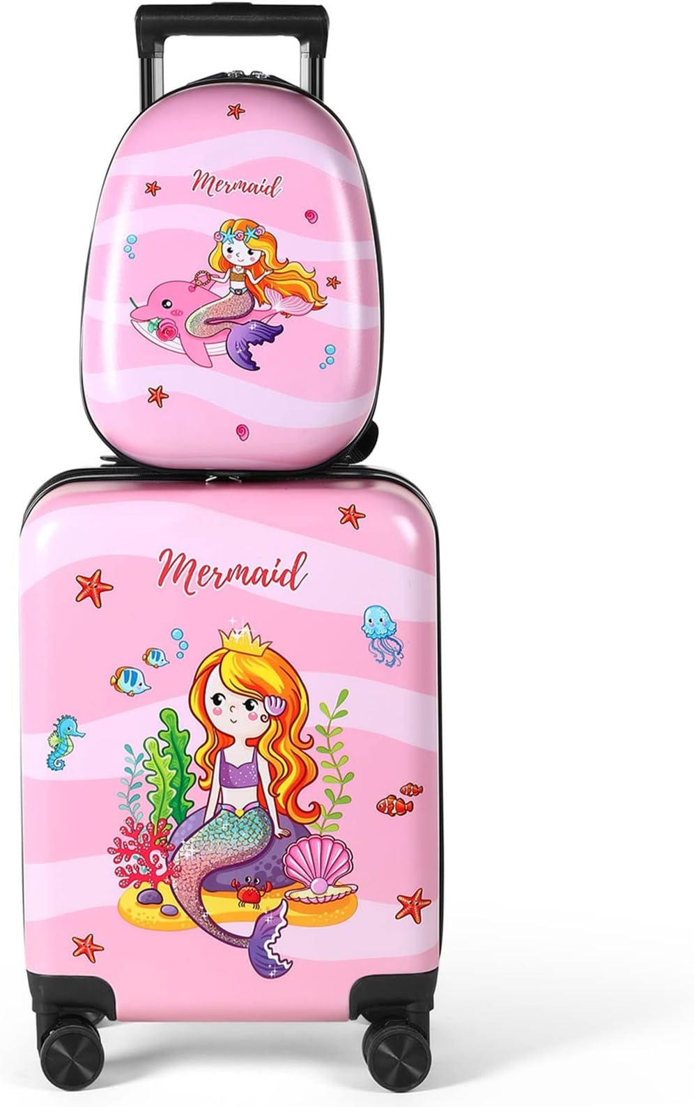 Kids Luggage and Backpack 18" Suitcase with Spinner Wheel Hard Case Travel 13" Backpack Girl Suitcase Set for Kids Travel Supplies(Pink,Mermaid Style)