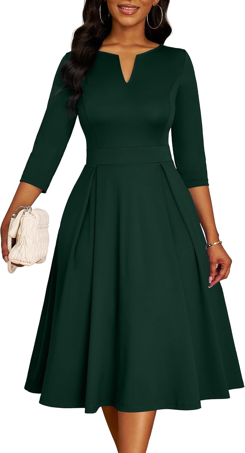 Nmoder Midi Dresses for Women, Semi Formal Fit and Flare 3/4 Sleeve V Neck Work Dress with Pockets
