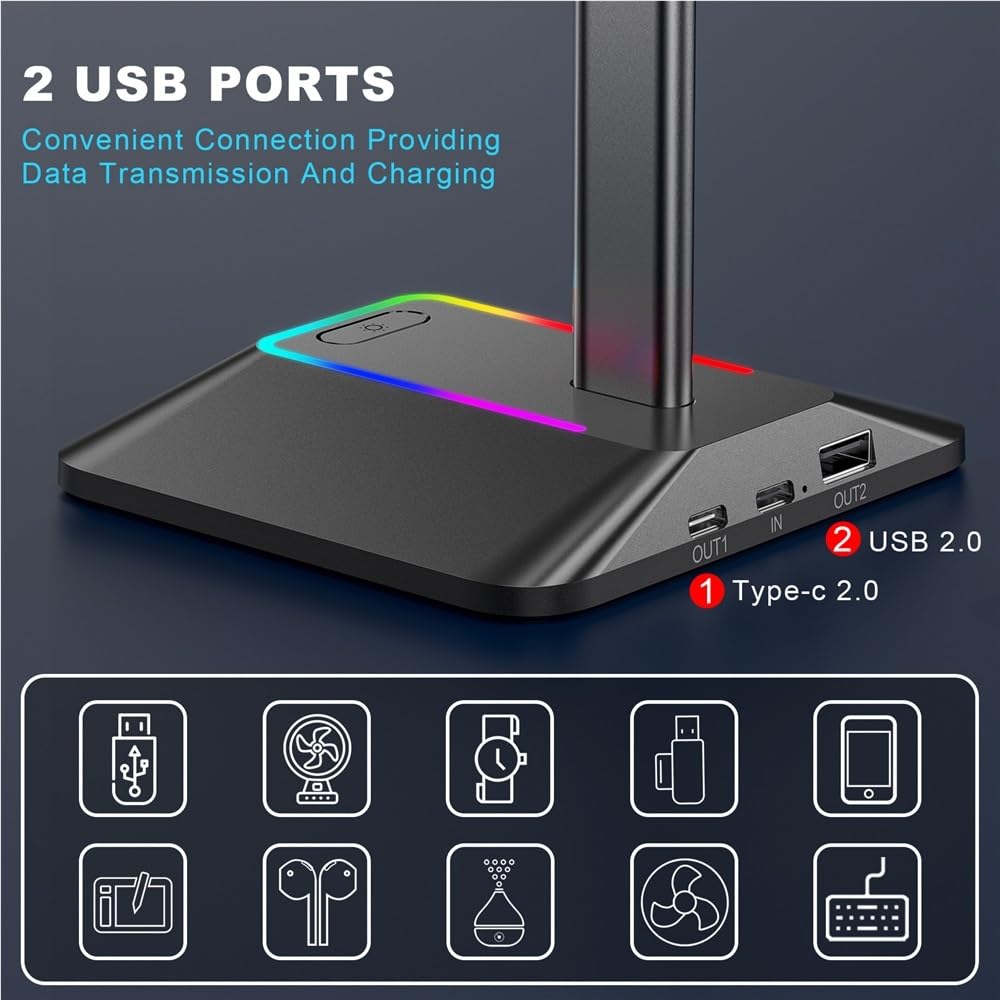 Supporto per cuffie RGB con 2 porte USB, da scrivania, per gaming, con base in gomma antiscivolo, per giocatori (argento)