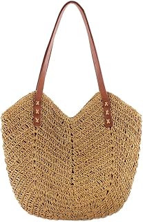 Asslye Straw Shoulder Bag For Women, Large Straw Beach Bags Hand-woven Rattan Shoulder Bag Soft Woven Handles Handbag Tote Bag With Zipper For Vacation