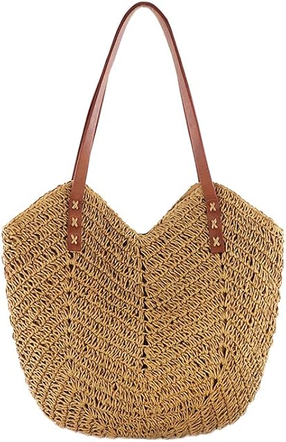 Asslye Straw Shoulder Bag For Women, Large Straw Beach Bags Hand-woven Rattan Shoulder Bag Soft Woven Handles Handbag Tote Bag With Zipper For Vacation