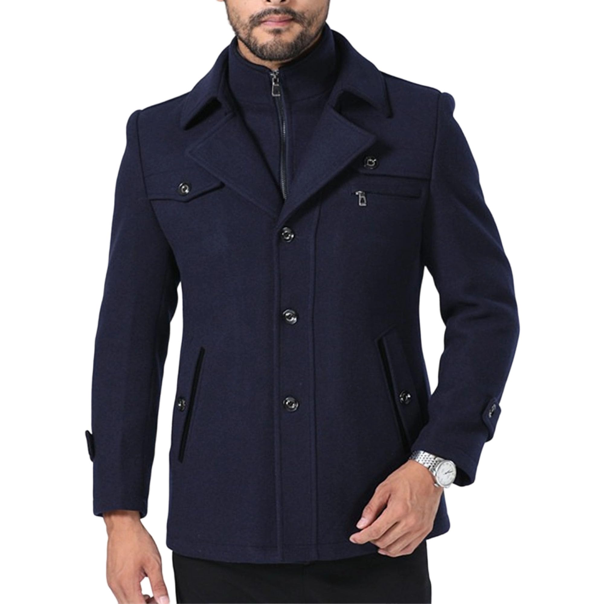Trench in lana da uomo, invernale, monopetto, in misto lana, stile militare, classico, caldo ed elegante.