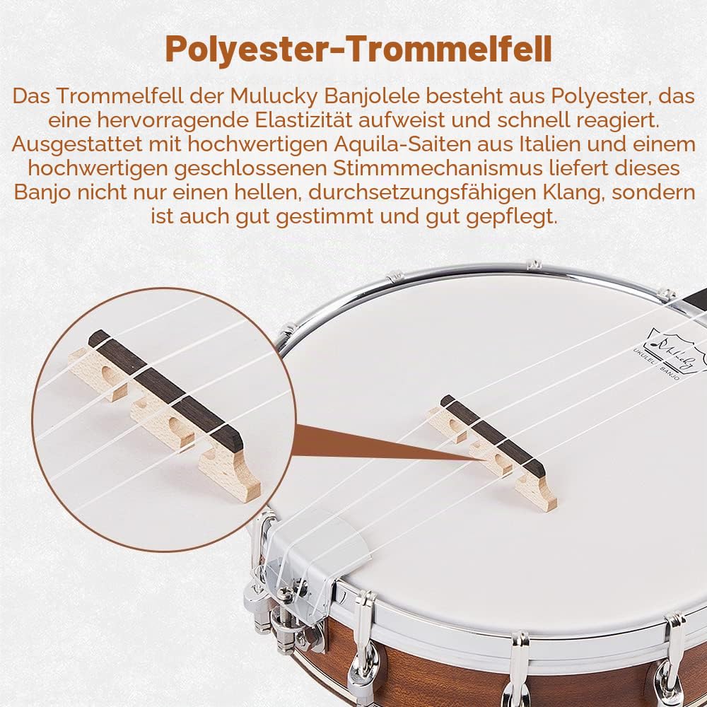 Banjolele, 4-saitig, Mulucky-Konzertgröße, 23 Zoll, Banjo-Ukulele, geschlossene Rückseite aus Massivholz, Anfänger-Set mit Halsstab, Gigbag, Stimmgerät, Saitengurt, Plektren – BU8017