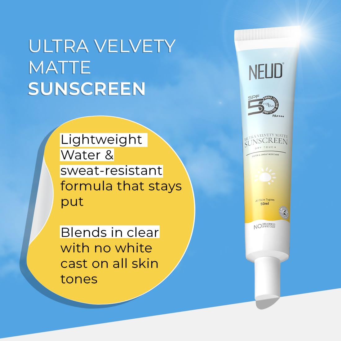 NEUD 50g Ultra Matte Dry Touch Sunscreen with SPF 50++++ Waterproof, For Uva/B Sun Protection, Velvet Touch Sun Screen for Women & Men, Tan Removal, Pigmentation, No White Cast, Lightweight & Quick Drying - Pack of 1 3