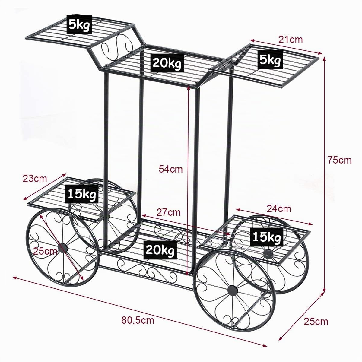 DREAMADE Scaffale Portafiori in Ferro Battuto, Supporto per Piante da Esterno e Interno, Portapiante a 4 Ripiani per Giardino, Balcone, Cortile, Ruote Immobili, 80,5 x 25 x 75 cm, Nero