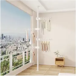 Varal de Teto Vertical Ajustável, 4 Níveis com Hastes Retráteis, Branco, Sistema de Fixação Teto-Chão para Lavanderia e Varanda