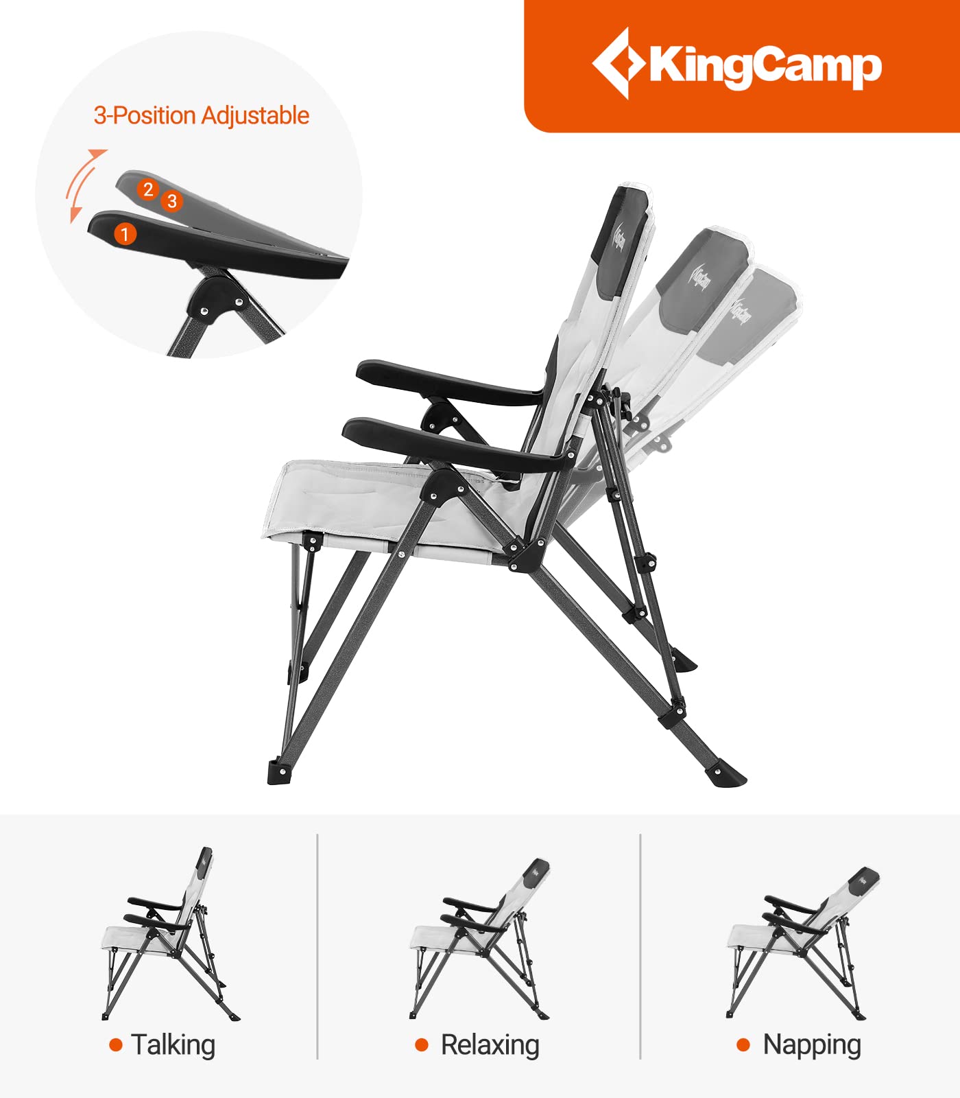 KingCamp Adjustable Heavy Duty High Back Outside Camping Chairs Oversized Padded Outdoor Folding Portable Recliner Reclining Lounge Chair for Camp Beach Lawn Sports Patio