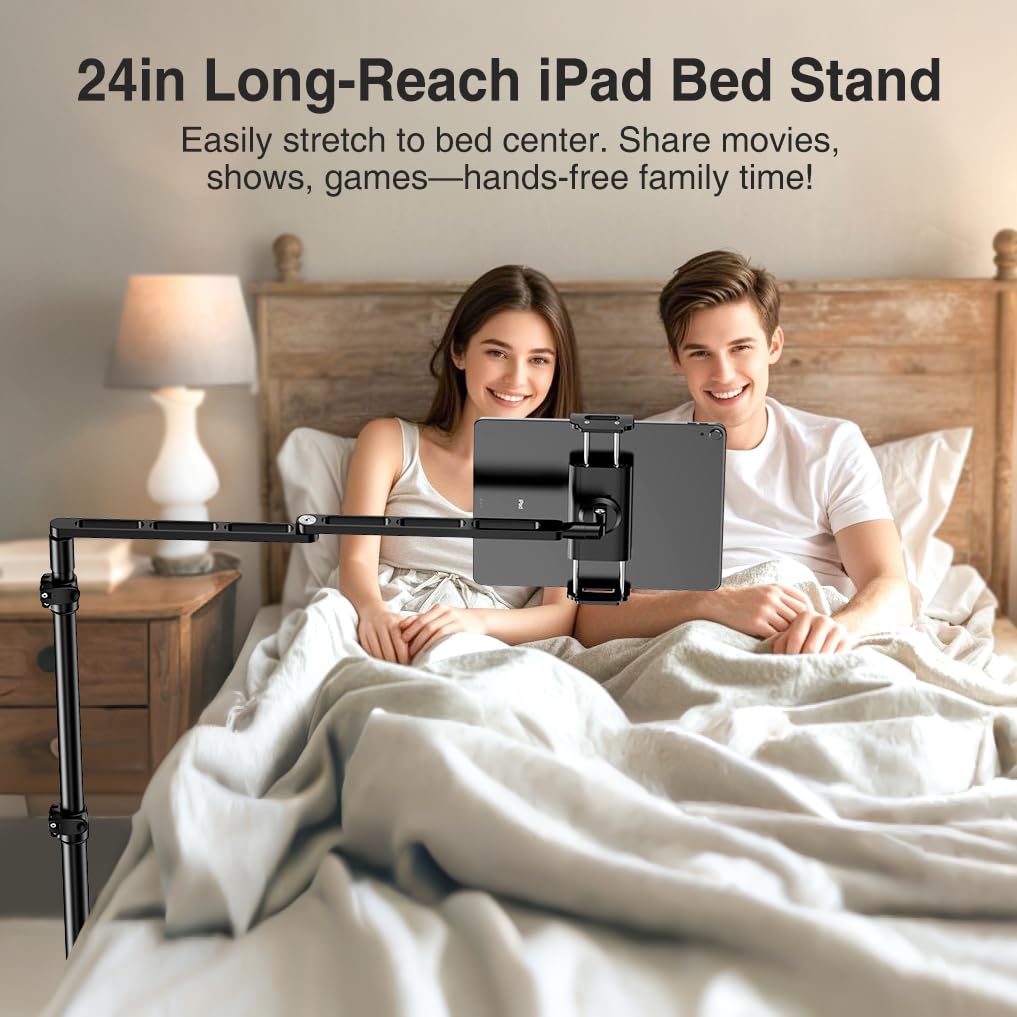 elitehood Regulowany stojak podłogowy na tablet z wytrzymałą podstawą, 61 cm, poziome, długie ramię, stojak podłogowy, do sofy, kompatybilny z urządzeniami iPad mini Air Pro 13/12.9 i 11.9-33.0 cm
