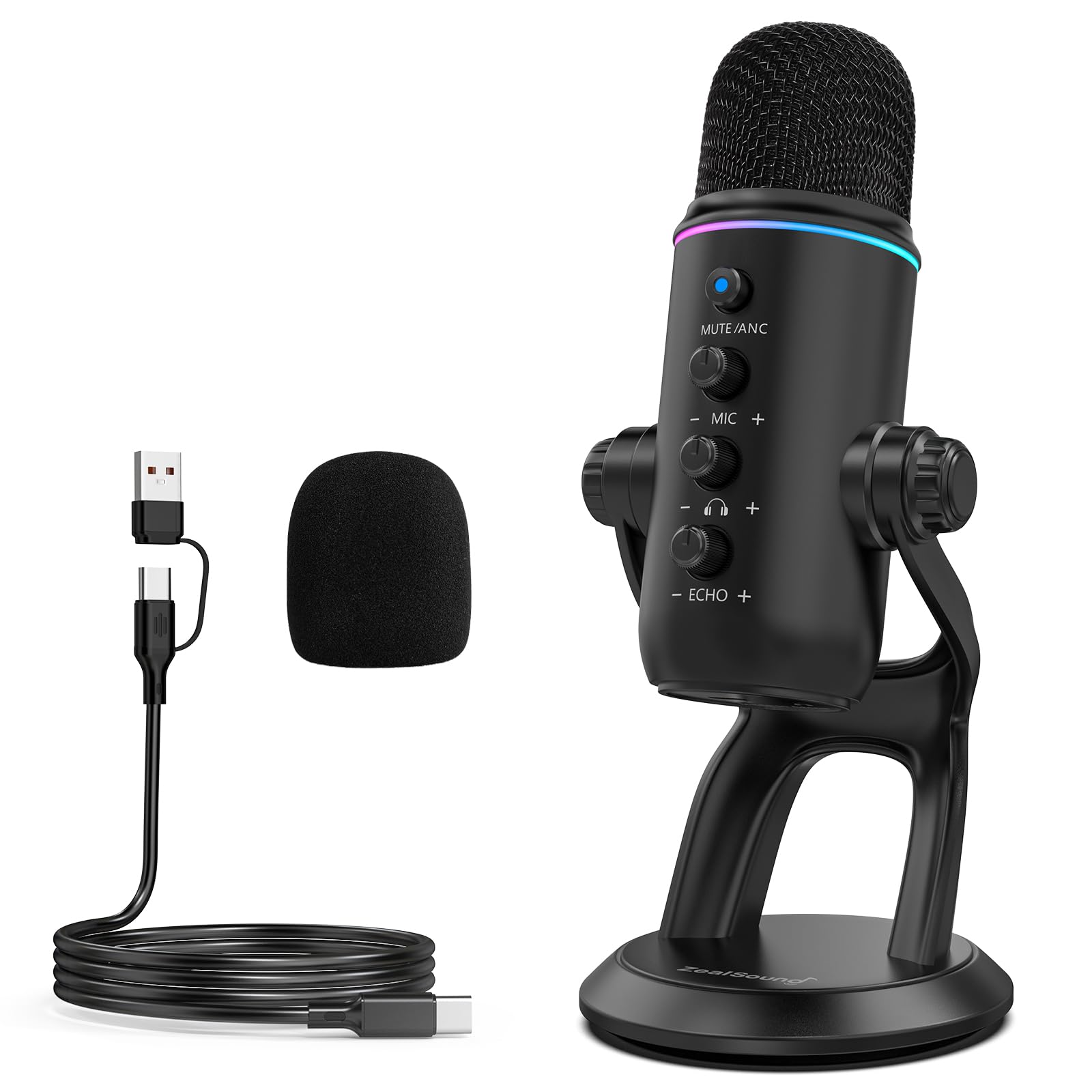 zealsound Micrófono USB, Plug & Play, para podcasts, PC y teléfono, Z5 | con cancelación de Ruido, Silencio de Ganancia, Condensador de Escritorio para grabación, Streaming, Juegos, ASMR, Creadores