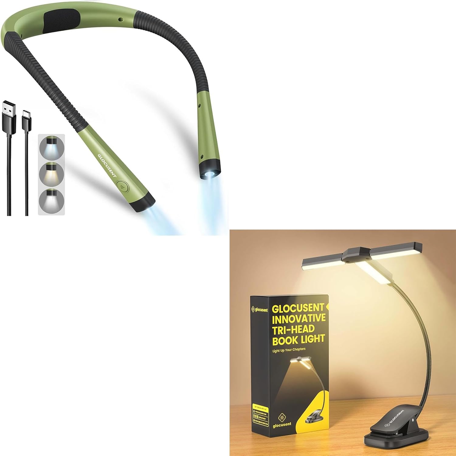 Glocusent Book Light, Bendable Neck Light, 3-Head Book Light for Reading in Bed, Book Lovers Gifts