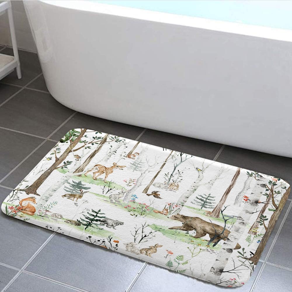 Rustic Cabin Bath Rugs for Bathroom, Country Bear Deer elk Moose Patchwork Green Forest Woodland Lodge Wooden Board Bathroom Rug Bath Mat Set Floor Mats, Wild Animas Vintage Brown Doormat, 17x48inch