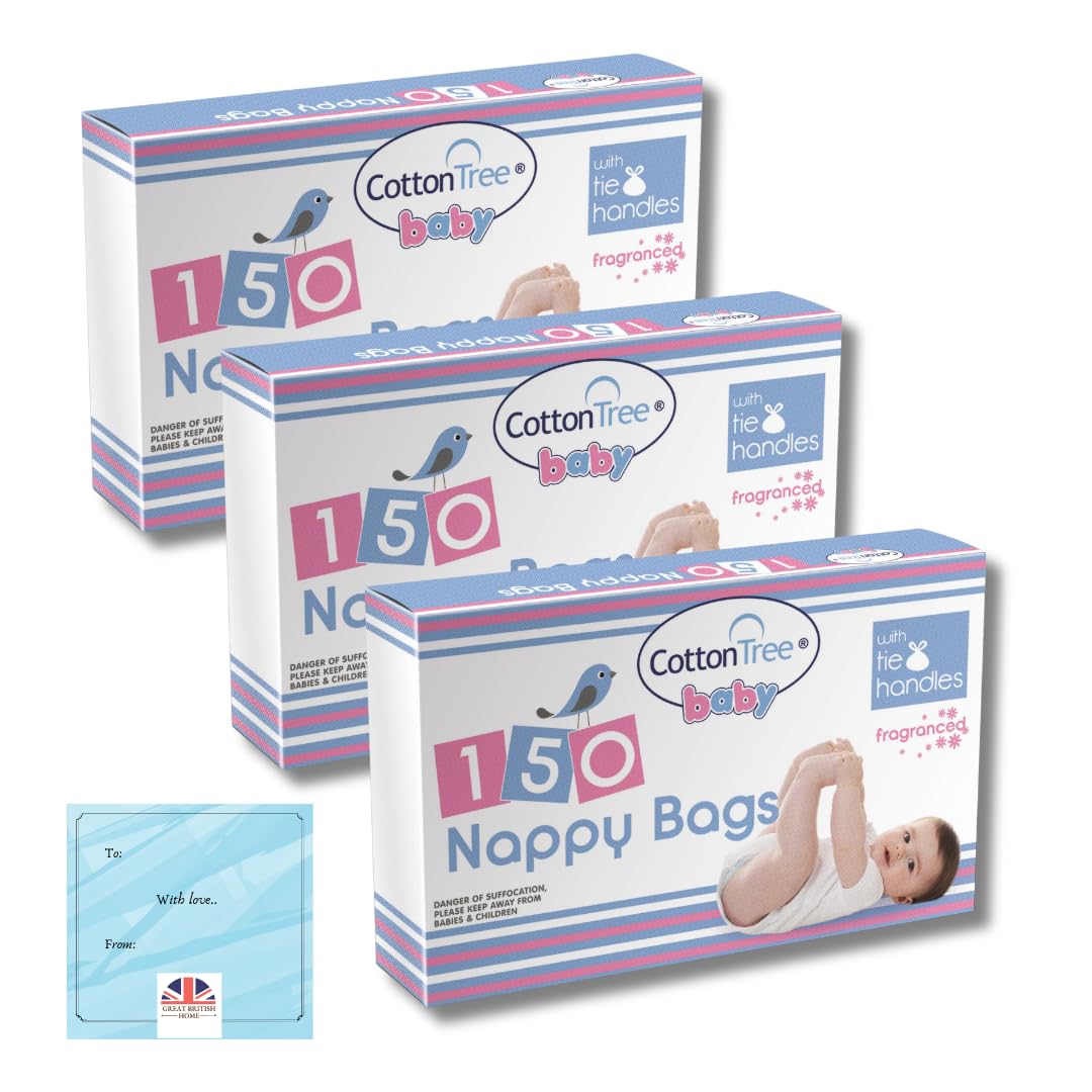 Great British Home White Cotton Tree Nappy Bags Scented 150Pk X 3 | Total Of 450 Biodegradable Nappy Bags | Fragranced Nappy Sacks Bundle By