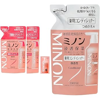 Minon Medicated Hair Shampoo, Refill 13.8 fl oz 380 ml, Set of 2, Includes Sample Hair Shampoo, Sensitive Skin, Itching, Dandruff, Moisturizing, Drying, Weak Acid, Hypoallergenic, Quasi-drug, Minon
