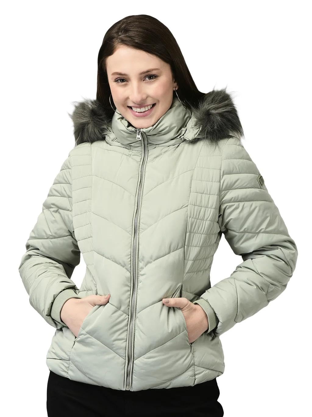 woods Women’s Sage Green Quilted Winter – Regular Fit Lightweight Polyester Puffer Coat with Detachable Fur Hood, Full Zip Closure & Side Pockets – Stylish Cold Weather Outerwear-picture-21