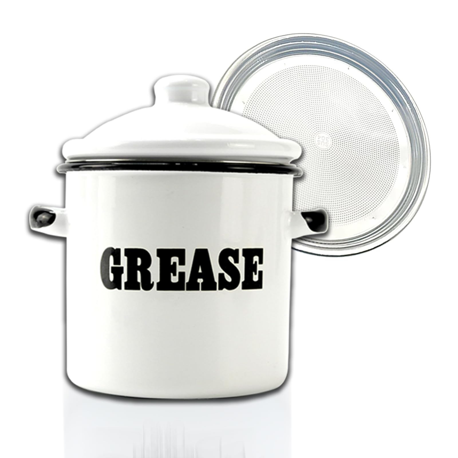 Roadmap 1.5L White Enamel Bacon Grease Container with Strainer, Grease Canister with Letter Pattern, Bacon Grease Saver, Oil Storage Jar, Kitchen Accessories for Farmhouse Kitchen Decor