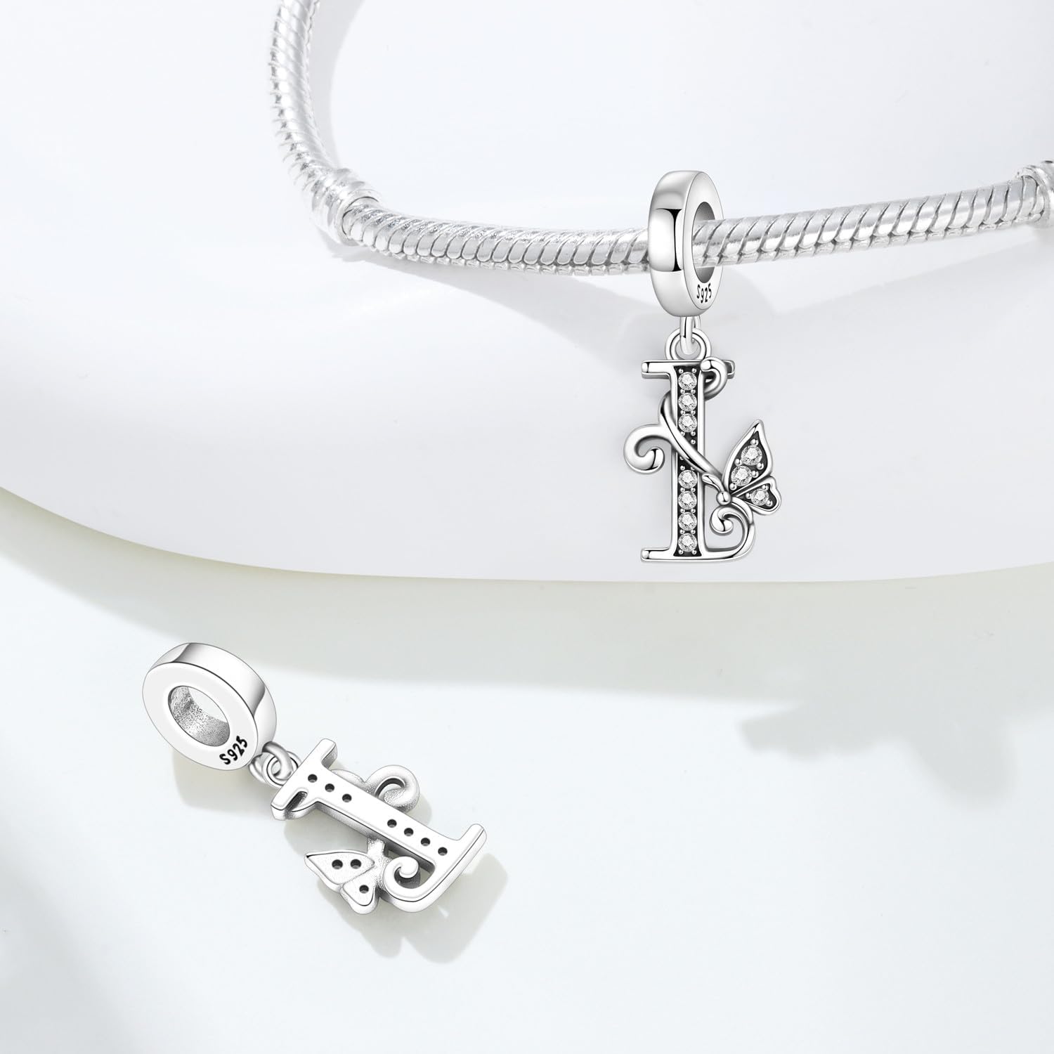 2 Pack 925 Sterling Silver Butterfly Letter Charms for Bracelets and Necklace Alphabet Initial Dangle Pendants Round Spacer Beads Pave Cubic Zirconia Jewelry Gift for Women - Image 3