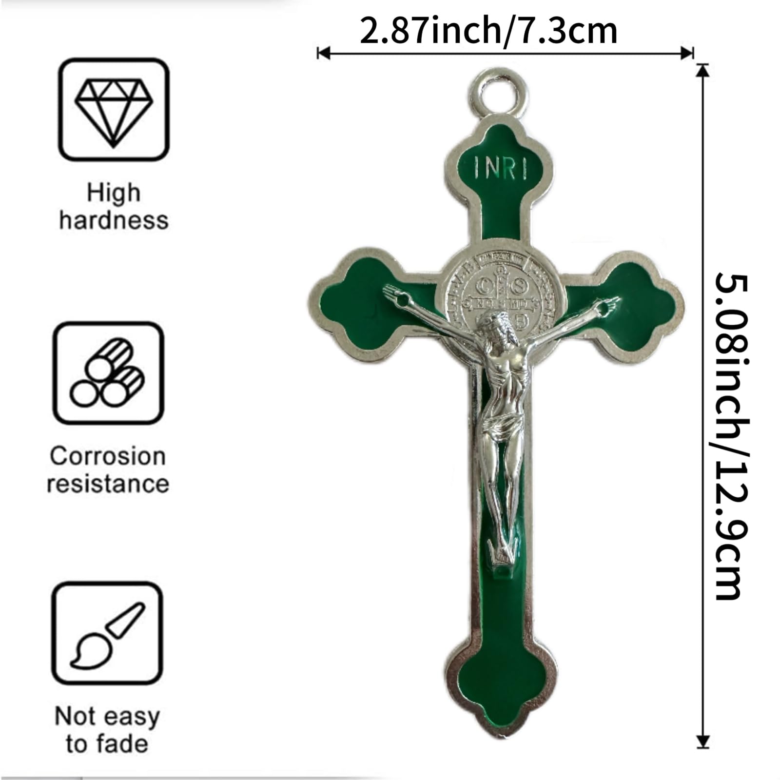 BONITTER Antique Silver Crucifix Wall Cross-St. Benedict Metal Wall Art-5.0 InchX2.7 Inch Green Clover Enamel Give Blessing and The Spiritual Sacred:Faith Gift for your Acquaintance