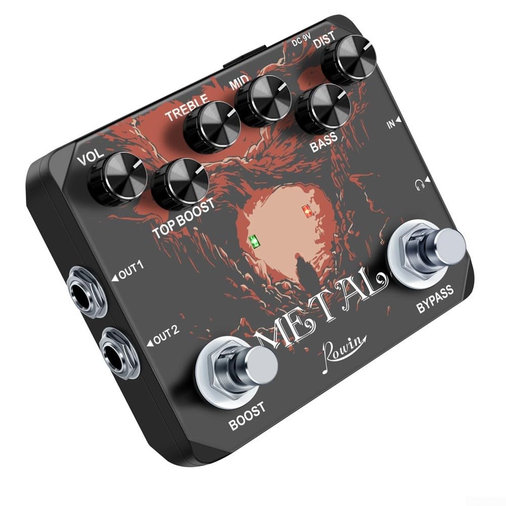 Rowin Metal Distortion - Pedale effetto per chitarra con potenziamento, True Bypass Stompbox, 3 bande per equalizzatore e frequenza, per hard rock e toni, nero