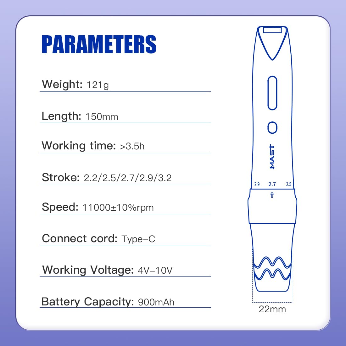 Mast P60 Máquina de Tatuaje Wireless Bateria Rotativa Tattoo Pen 5 Strokes Length 2.2mm - 3.2mm 121g/4.2oz peso, Digital Display Tattoo Gun para Eyeliner Lip, Scalp, Small Tattoo