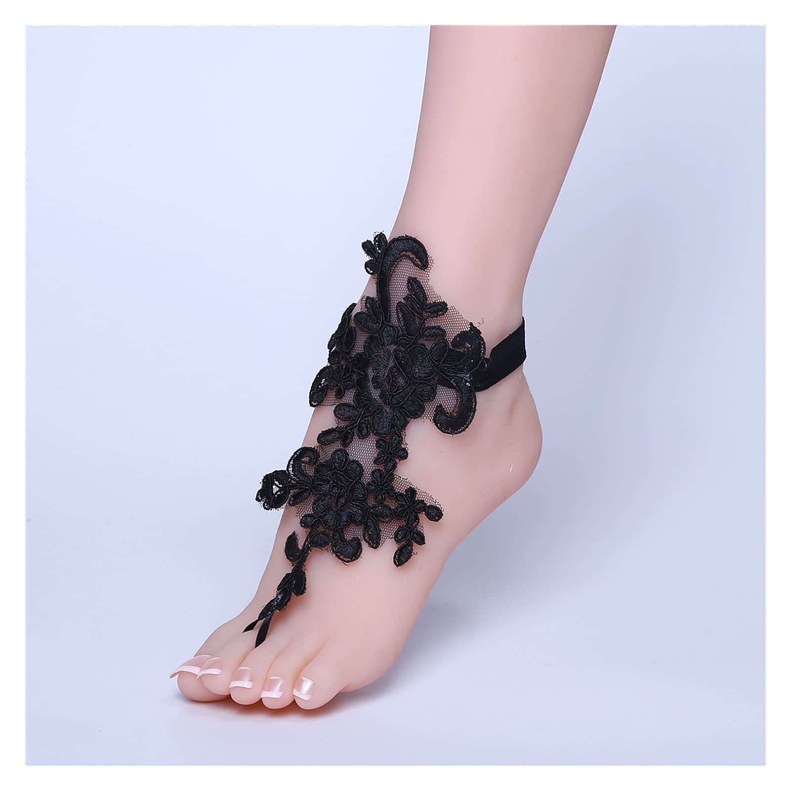 Fußkettchen, Braut-Fußkettchen aus schwarzer Spitze – Zubehör für Hochzeitsfotografie-Requisiten – Barfuß-Strandschuhe – Einheitsgröße (Größe 36–40). Damen-Fußkettchen