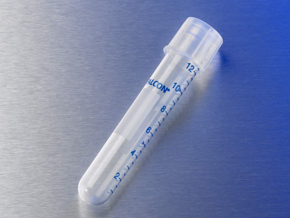 Corning 352059, Polypropylene Test Tube, Round Bottom, 17x100mm, 14mL, Graduated, with Clear Snap Cap, Sterile, 25 per Pack, 500 per Case