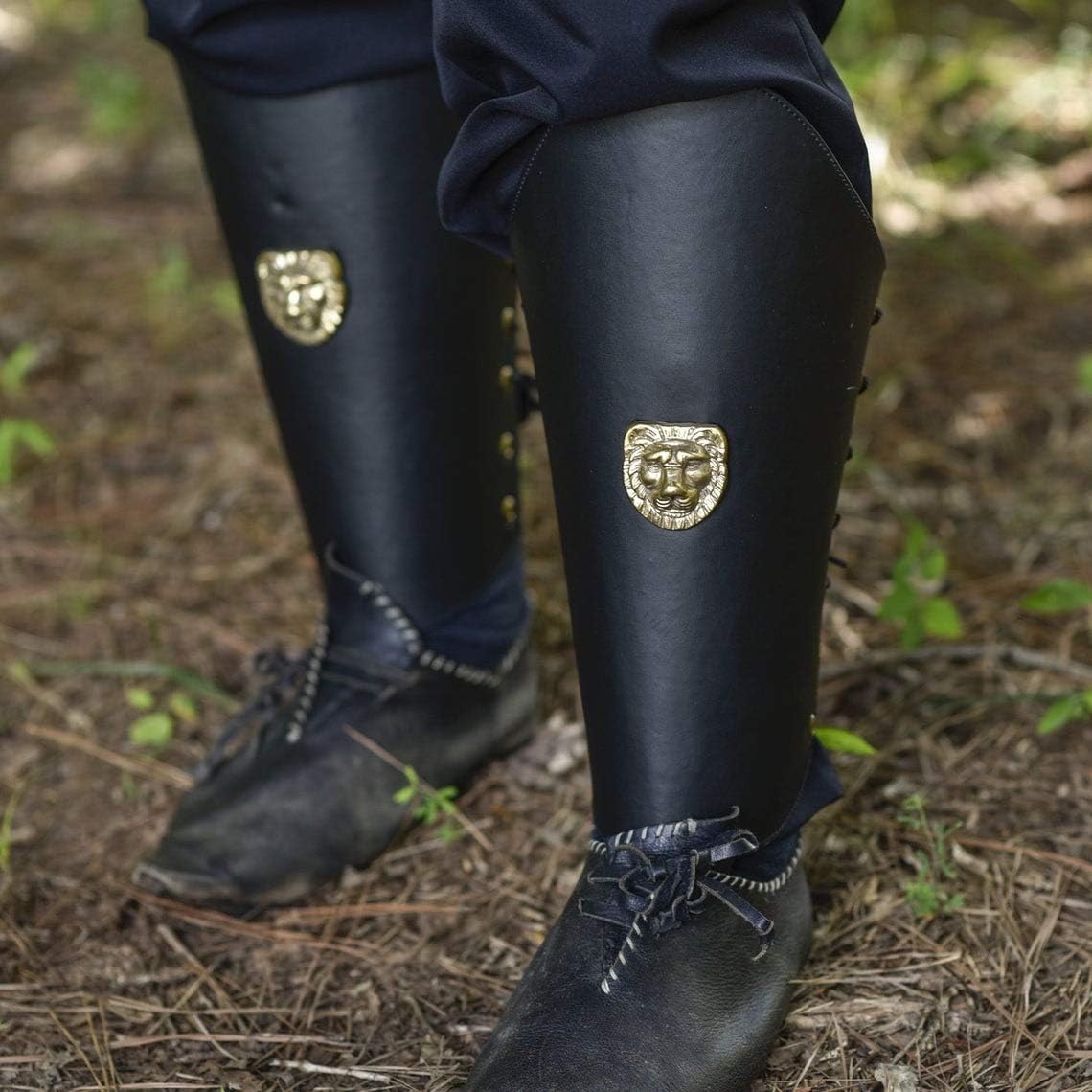Nautical-Mart Black Warriors Leather Lion Armor Set Greaves Bracers