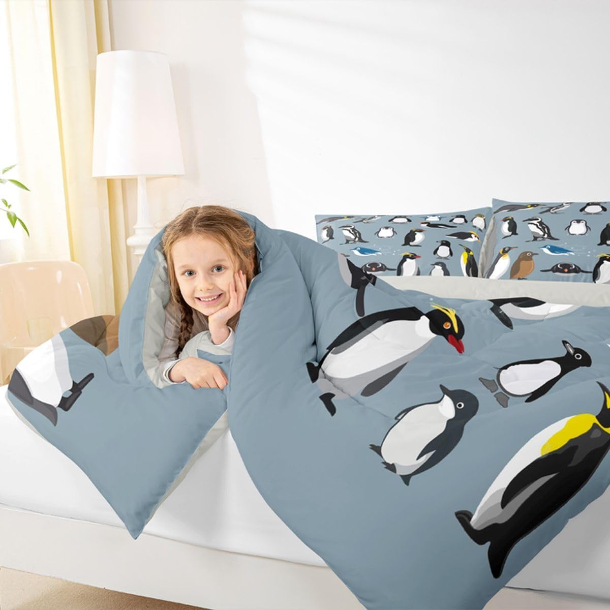 Erosebridal Penguins Bedding Set for Boys Young,Antarctica Animals Wildlife Comforter Set for Kids Man,Cartoon Little Penguins Quilted Duvet,Cute Wild Safari Theme Bedroom Decor Full Size image 3