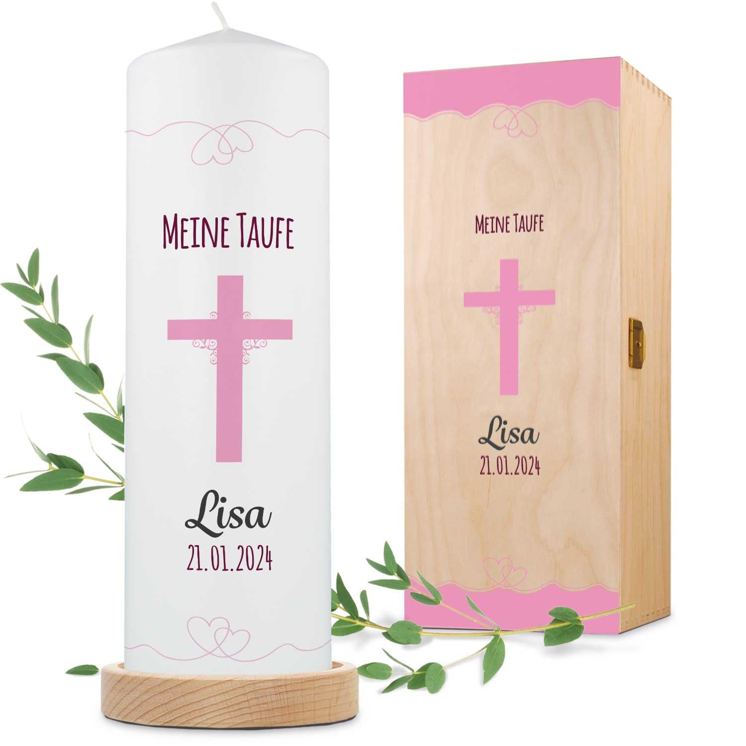 GRAVURZEILE Candela per battesimo a forma di croce con nome, data e battesimo – Candela di alta qualità 250/80 mm stampata brillante – regalo di battesimo personalizzato per ragazze e ragazzi – colore