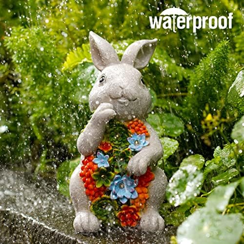 Goodeco Rabbit Statue Solar Garden Ornaments Outdoor Decor Waterproof Resin Rabbit Figurines with Succulent 7 LED Solar Lights Animal Sculpture Gifts Decorations for Home Yard Patio Lawn Ornament 20CM