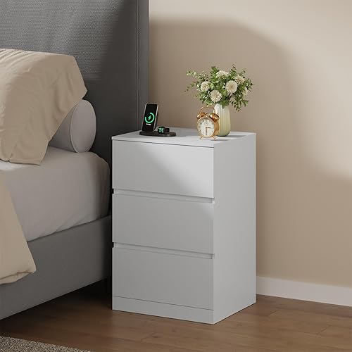 Miniatura 8 de Juego de 2 mesitas de noche, 26 pulgadas de alto con cajón oculto, mesita de noche con estación de carga, 4 cajones, mesita de noche moderna para
