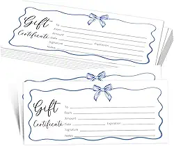 25 vales de presente Bow para empresas, vale de presente azul em branco para salão, spa, restaurantes, casamento, aniversário, Natal, vouchers personalizados para clientes, 9 x 20 cm