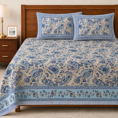 Image of ElanorHomes 240 TC Cotton Double King Size Bedsheet | Ultra-Soft & Skin-Safe | Breathable Summer Comfort | 93x108 inches with 2 Pillow Covers (Silver Breeze)