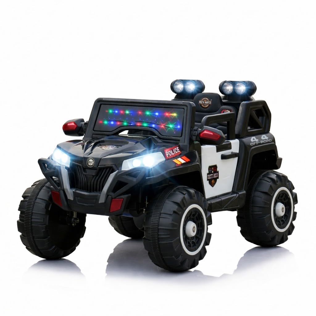 Kidz Auto KAB J 2188 Kids Electric Ride-On Jeep with Remote Control | Rechargeable Battery Operated Toy Car with Music, Decorative Lights, Openable Doors, Suspension & Bonnet Lighting | Police