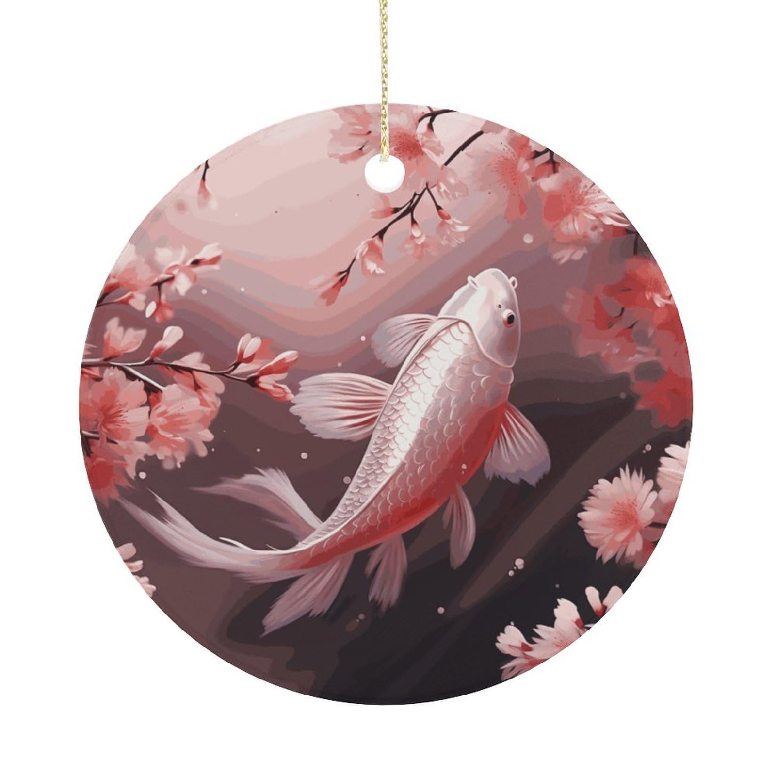 Pink Cherry Blossom Red Carp Christmas Ornament,Round Ceramic Ornaments Personalized Christmas Tree Ornament for Holiday Porcelain Keepsake Gifts Ideas Home Decor
