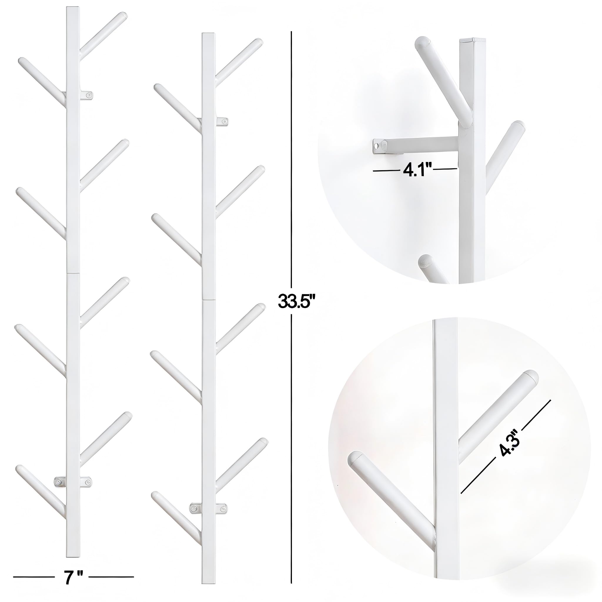 GAWAMAY Modern Vertical Coat Rack Wall Mount Set of 2 (Height33.4), White Metal Corner Wall Mounted Hat Racks Tree, Heavy Duty Coats Hooks Hat Organizer Hanging for Hallway Entryway Bedroom Decor