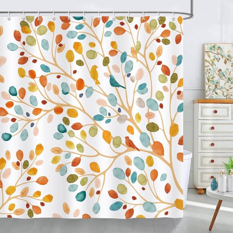 Rideau de douche bohème oiseaux et décoration florale de baignoire
