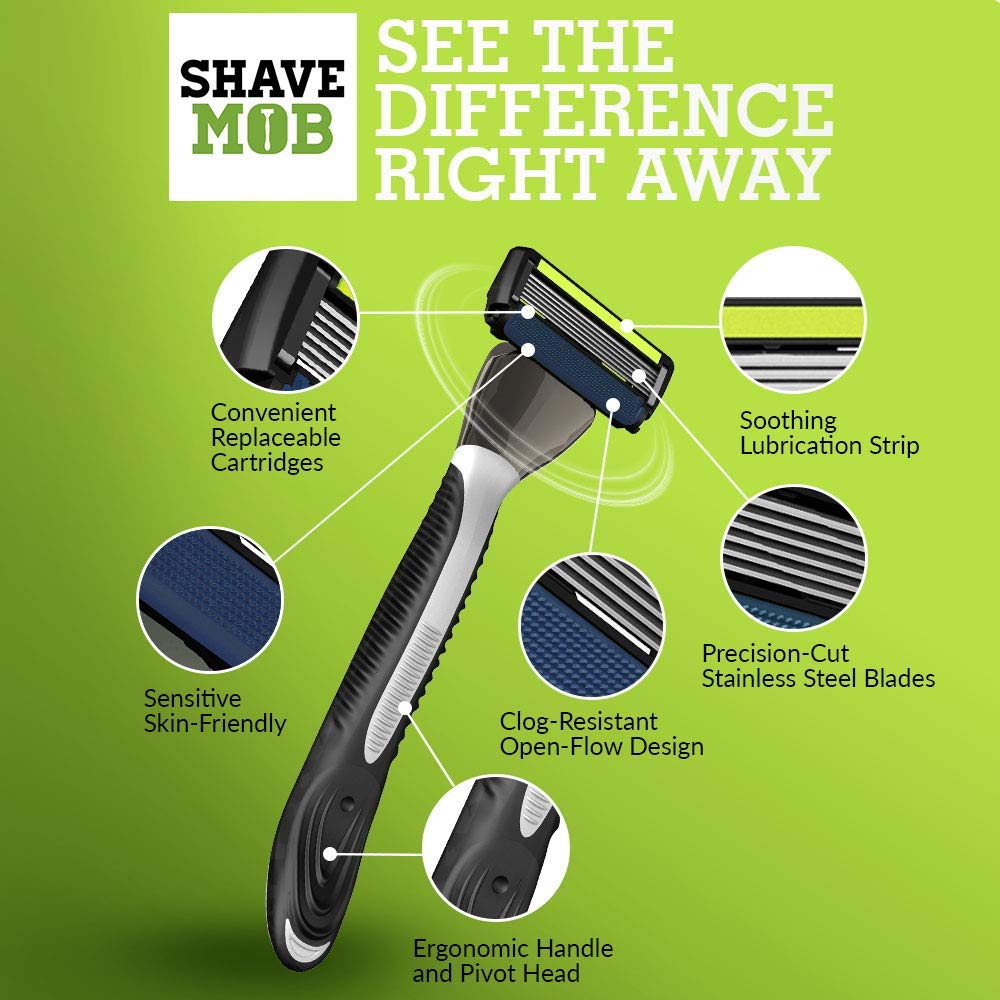 Shave Mob: The Average Joe Maquinilla de afeitar para hombre Mango antideslizante Cuchillas de corte de precisión Resistente a obstrucciones Tira de lubricación: manzanilla, aceite de