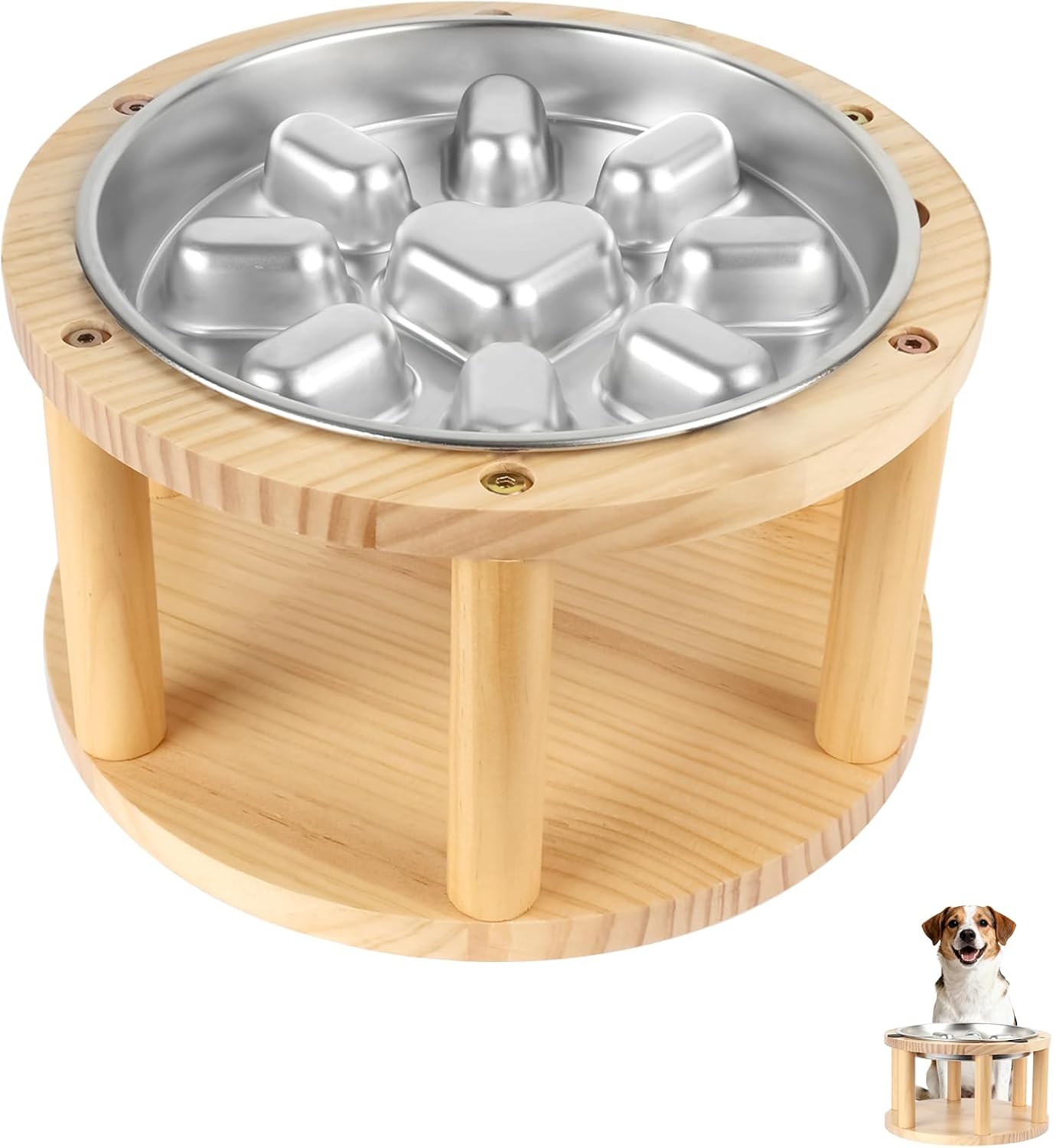 Vivifying Elevated Dog Bowl, Pine Wood Stand with Stainless Steel Slow Feeder, 5.9″ Raised Dog Bowl for Small & Medium Dogs